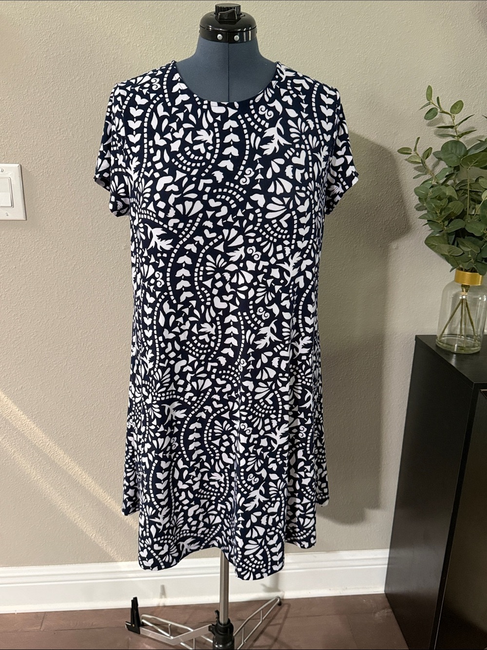 Allison Brittney Navy and White Short Sleeve A-Line Dress